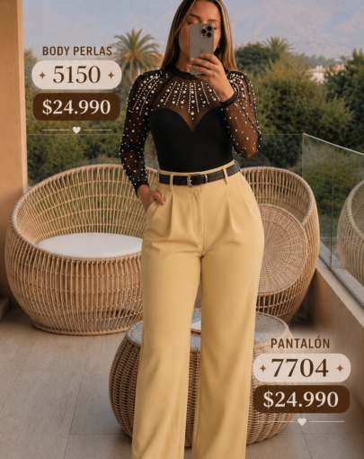 ✨ Conjunto Body Perlas + Pantalón Amarillo